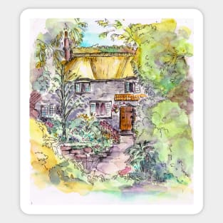 Thatched Cottage Watercolour and Ink Painting Sticker